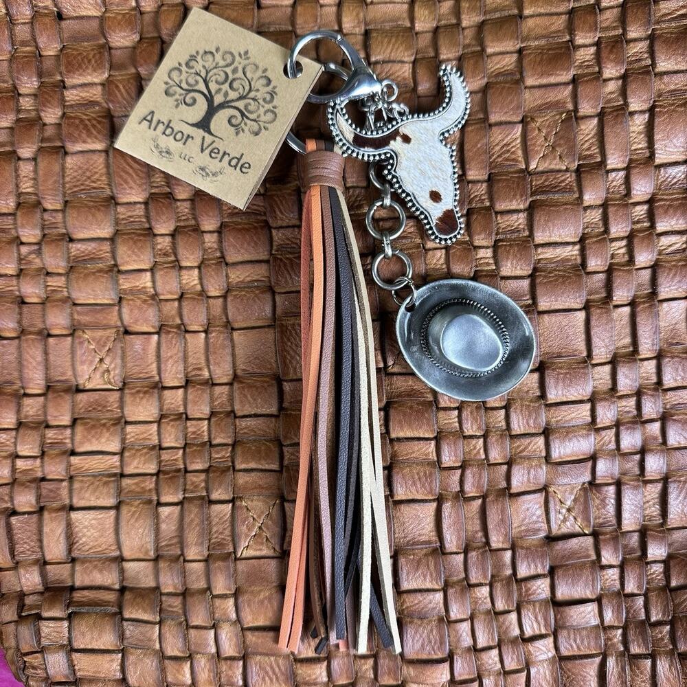 Bag charm Keychain New western Boho Cow Steer Bull Hair Tassel PU Pewter hat
